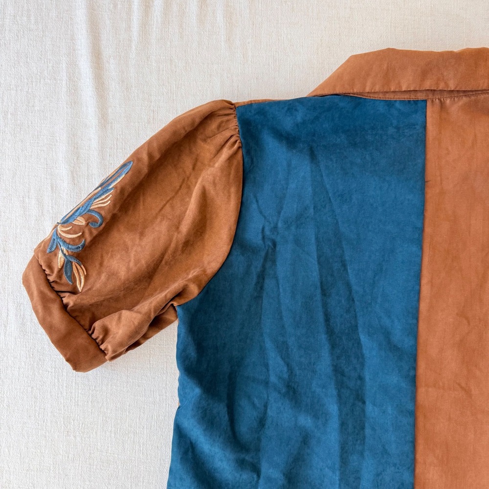 Embroidered Western Blouse Small Brown Teal Puff Sleeve Boho Cowgirl Shirt - Picture 10 of 13